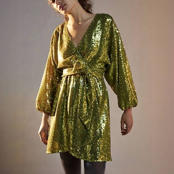 Anthropologie Chartreuse Lisabette Sequin Wrap Mini Dress, NWT - Picture 1 of 12